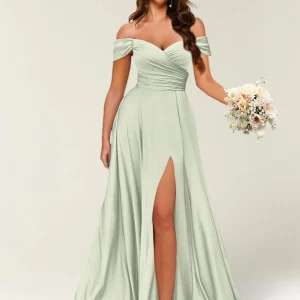 Robe Longue de Soirée Longue à Épaules Dénudées avec Côté Fendu et Froncé