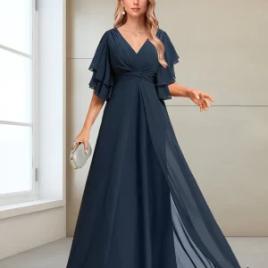 Robes de Mère de la Mariée Coupe A-Line/Princess à Col En V et Longueur Au Sol à Demi-Manches
