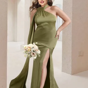 Robe de Demoiselled'Honneur Grande Taille Asymétrique, Col Haut, Froncée, Longue avec Ceinture