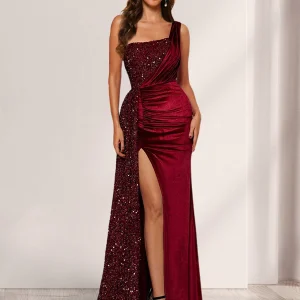 Robe de Soirée Fourreau/Colonne En Velours à Une Épaule et Longueur Au Sol avec Paillettes et Côté Fendu