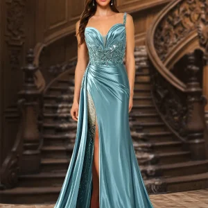 Robe de Soirée Longue Froncée à Bretelles Spaghetti Trompette/Sirène avec Fente Sur Le Côté et Appliques