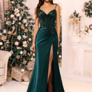 Robe de Noël Longue Scintillante à Bretelles Spaghetti Style Sirène/Trompette avec Fente Latérale et Applications