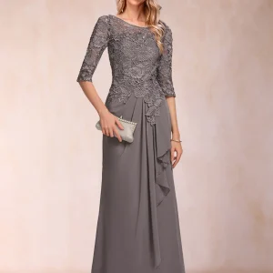 Robe de Mère de la Mariée En Mousseline de Soie à Manches 3/4 et Coupe Princesse avec Volants et Appliques
