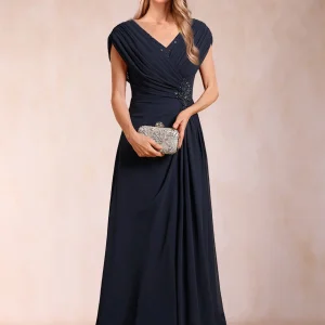 Robe de Mère de la Mariée En Mousseline de Soie à Col En V et Coupe Princesse avec Appliques et Perles