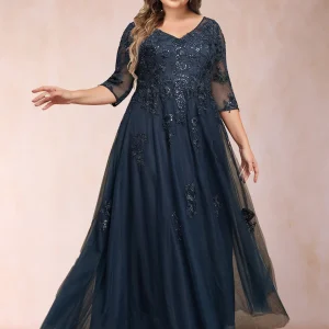 Robe de Mère de la Mariée Grande Taille Coupe A-Line/Princess Col En V Manches 3/4 avec Appliques et Paillettes