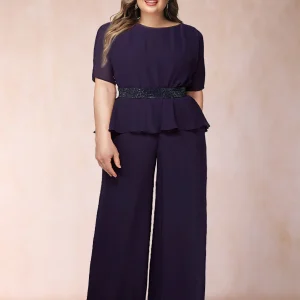 Ensemble 2 Pièces Grande Taille en Mousseline à Manches Courtes et Ceinture en Strass