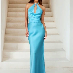Robe de Bal Longue Sexy à Col Licou et à Fronces Longueur Au Sol avec Strass