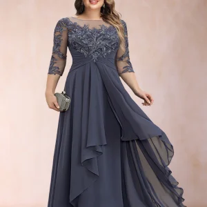 Robe de Mère de la Mariée Grande Taille, Coupe Trapèze/Princesse, Manches 3/4, en Mousseline avec Appliques et Volants