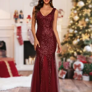 Robe de Noël Scintillante à Col En V Sans Manches Longueur Au Sol Style Sirène/Trompette