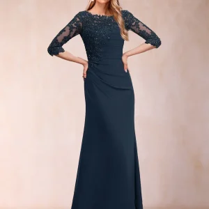 Robe de Mère de la Mariée Fourreau/Colonne à Manches 3/4 Froncées avec Appliques