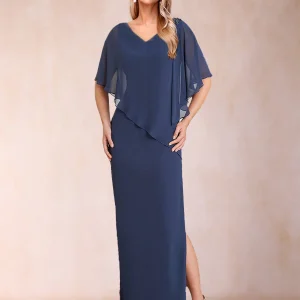 Robe de Mère de la Mariée Fourreau/Colonne En Mousseline de Soie à Col En V et Demi-Manches avec Fente Sur Le Côté