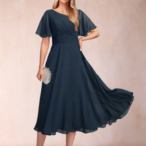 Robe de Mère de la Mariée En Mousseline de Soie à Col En V et Manches Courtes avec Volants