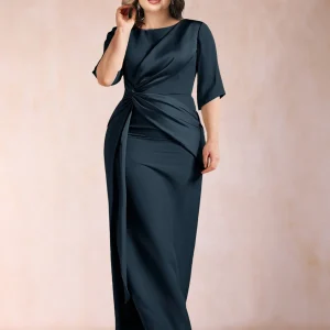 Robes de Mère de la Mariée Grande Taille, Fourreau/Colonne, Manches Mi-Longues, Froncées
