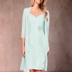 Robe de Mère de la Mariée Deux Piècesà Col En V et Manches 3/4 avec Fronces et Veste