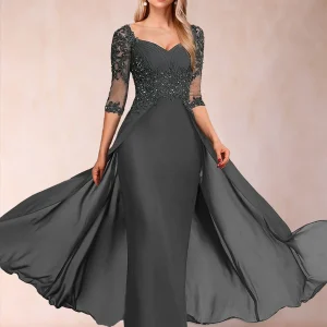 Robe de Mère de la Mariée Fourreau/Colonne à Col En V et Manches Mi-Longues avec Appliques