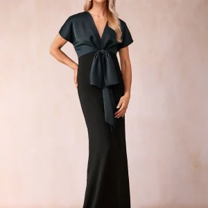 Robe de Mère de la Mariée Fourreau/Colonne à Col En V et Manches Courtes avec Nœud Papillon