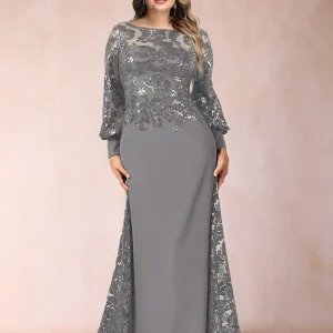 Robe de Mère de la Mariée Grande Taille, Coupe Trapèze/Princesse, Manches Longues, Décolleté Plongeant avec Appliques