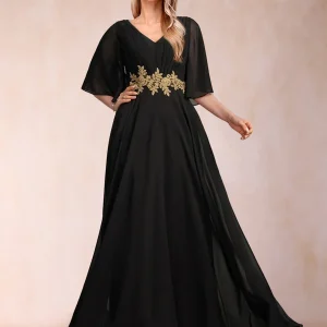 Robe de Mère de la Mariée Coupe A-Line/Princess à Demi-Manches et Col En V avec Ceinture