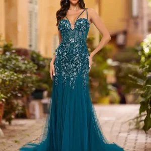 Robe de Bal Fourreau/Colonne à Col en V Sans Manches avec Appliques