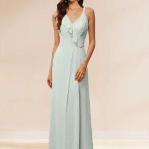 Robes de Demoiselled'Honneur Trapèze/Princesse à Col en V Sans Manches et à Volants