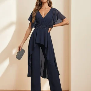 Combinaisons de Pantalon pour Mère de la Mariée en Chiffon avec Col en V, Manches Courtes, Fronces et Appliqués