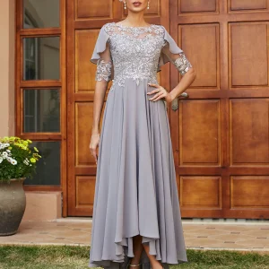 Robe de Soirée Longue à Manches Mi-Longues et Col Transparent Coupe A-Line/Princess avec Appliques