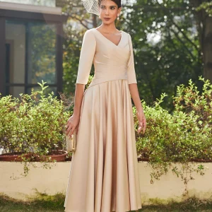 Robe de Soirée Longue à Volants Coupe A-Line/Princesse Col En V Manches Mi-Longues Longueur Cheville
