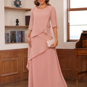 Robes de Mère de la Mariée En Mousseline à Volants et Manches Courtes Coupe A-Line/Princess
