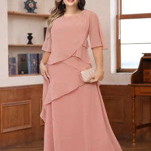 Robes de Mère de la Mariée Grande Taille, Coupe A-Line/Princesse, Décolleté Plongeant, Manches Courtes, en Mousseline à Volants