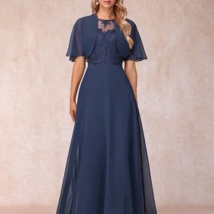 Robes mère de la mariée longues en mousseline de soie, coupe trapèze, avec veste et appliques