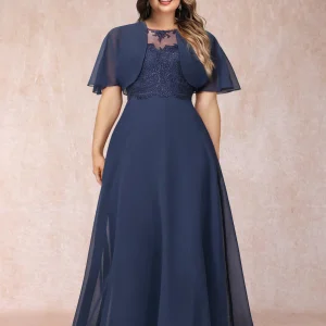 Robe de Mère de la Mariée Grande Taille Longue en Mousseline de Soie, Coupe Trapèze avec Veste et Appliqués