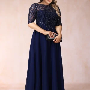 Robe de Soirée Longue Trapèze/Princesse à Col Transparent et Manches Mi-Longues, Grande Taille avec Perles et Paillettes