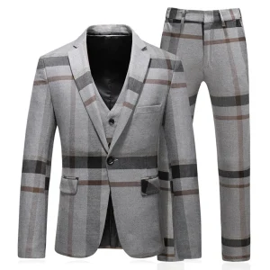Costume de Mariage 3 Pièces Pour Homme, Coupe Ajustée, Revers Crantés, Simple Boutonnage, Motif à Un Bouton