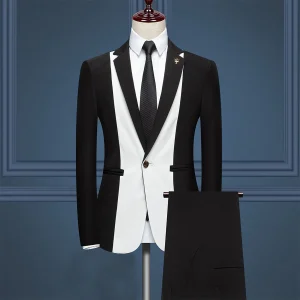 Costume de Mariage 3 Pièces Pour Homme, Coupe Ajustée, Revers Crantés, Simple Boutonnage, Motif à Un Bouton