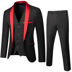Costume de Mariage 3 Pièces Pour Homme, Coupe Ajustée, Revers Châle, Simple Boutonnage, Un Bouton, à Motifs