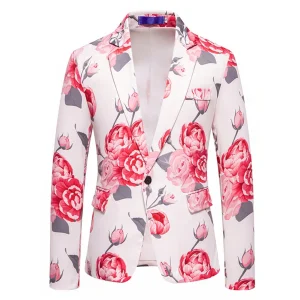 Veste de Fête pour Homme à Coupe Ajustée, Col à Cran, Un Bouton, Imprimé Rose