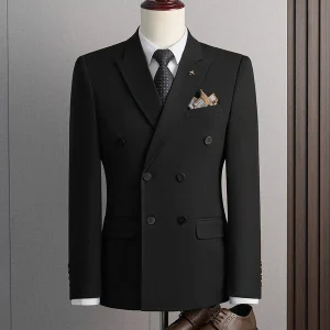 Veste Formelle Homme Coupe Ajustée Col à Cran Double Boutonnage Quatre Boutons Couleur Unie