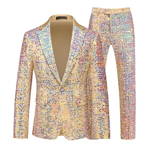 Costume de Fête pour Homme 2 Pièces à Paillettes, Coupe Ajustée, Revers Cranté, Veste à Un Bouton et Simple Boutonnage