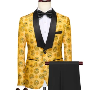 Costume de Fête pour Homme 2 Pièces Ajusté avec Revers Châle, Un Bouton, Broderie