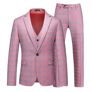 Costume de Fête pour Homme 3 Pièces à Carreaux, Coupe Ajustée, Revers Cranté, Veste Monopoutre à Un Bouton