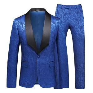 Costume de Fête pour Homme 2 Pièces en Jacquard, Coupe Ajustée, Col Châle, Un Bouton, Simple Boutonnage