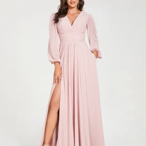 Robes de Demoiselle d'Honneur Longues à Col en V en Mousseline avec Poches & Manches Longues