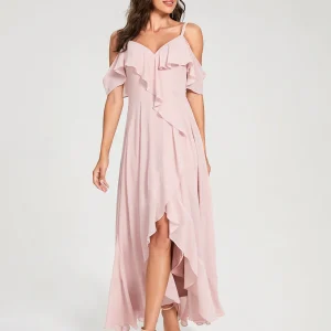 Forme Princesse Mousseline de soie Bretelles spaghetti Col V Manches courtes avec Volants Asymétrique Robes de demoiselle d'honneur