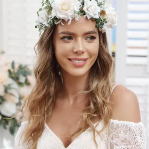 Couronnes de fleurs de mariage blanches artificielles avec ruban ivoire