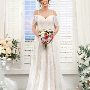 A-ligne Bretelles Spaghetti Manches Courtes Robes De Mariée Longues En Dentelle