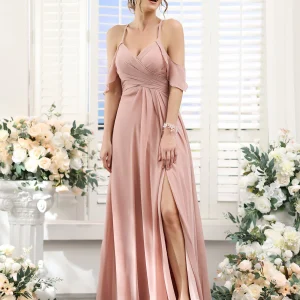 A-ligne col en V bretelles spaghetti fendues sur le côté longueur au sol en mousseline de soie robes de demoiselle d'honneur