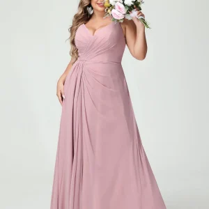 Forme Princesse Bretelles spaghetti Sans Manches Mousseline de soie Fendue sur le côté Grande taille Robes de demoiselle d'honneur avec Poches
