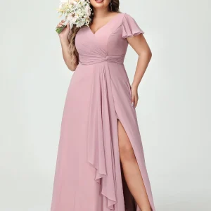 Forme Princesse Col V Manches courtes Mousseline de soie Volants Fendue sur le côté Grande taille Robes de demoiselle d'honneur avec poches