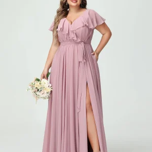 Forme Princesse Col V Manches courtes Mousseline de soie Volants Grande taille Robes de demoiselle d'honneur avec Poches