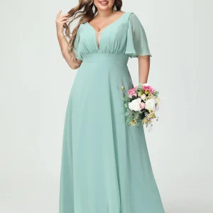 Forme Princesse Col en V Demi manches Mousseline Grande taille Robes de demoiselle d'honneur avec poches